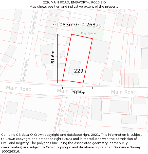 229, MAIN ROAD, EMSWORTH, PO10 8JD: Plot and title map