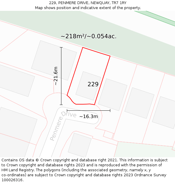 229, PENMERE DRIVE, NEWQUAY, TR7 1RY: Plot and title map
