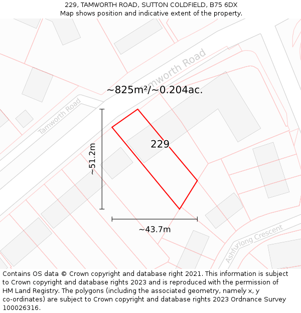 229, TAMWORTH ROAD, SUTTON COLDFIELD, B75 6DX: Plot and title map
