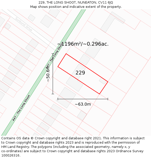 229, THE LONG SHOOT, NUNEATON, CV11 6JQ: Plot and title map