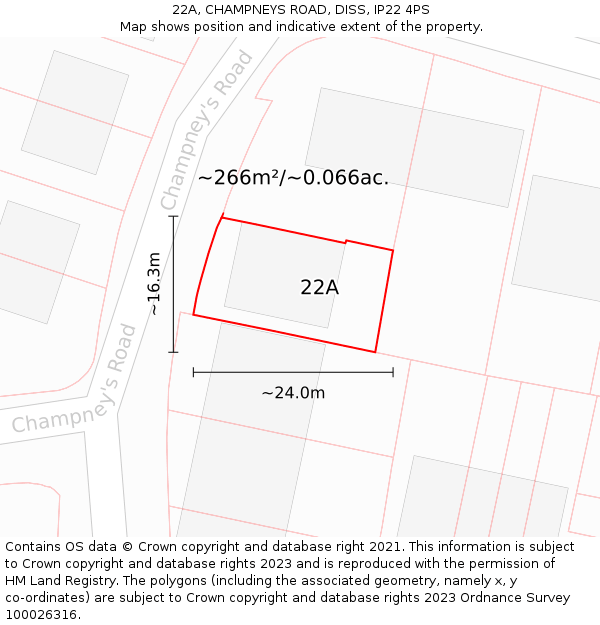 22A, CHAMPNEYS ROAD, DISS, IP22 4PS: Plot and title map