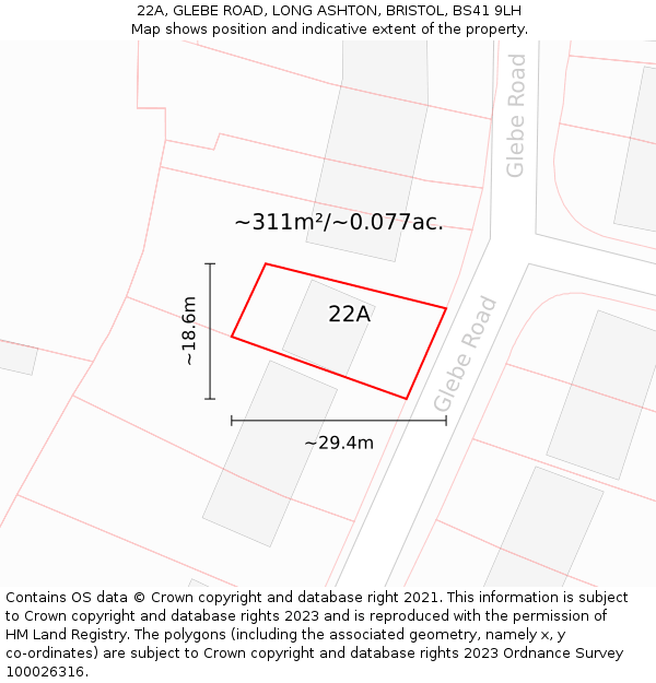 22A, GLEBE ROAD, LONG ASHTON, BRISTOL, BS41 9LH: Plot and title map