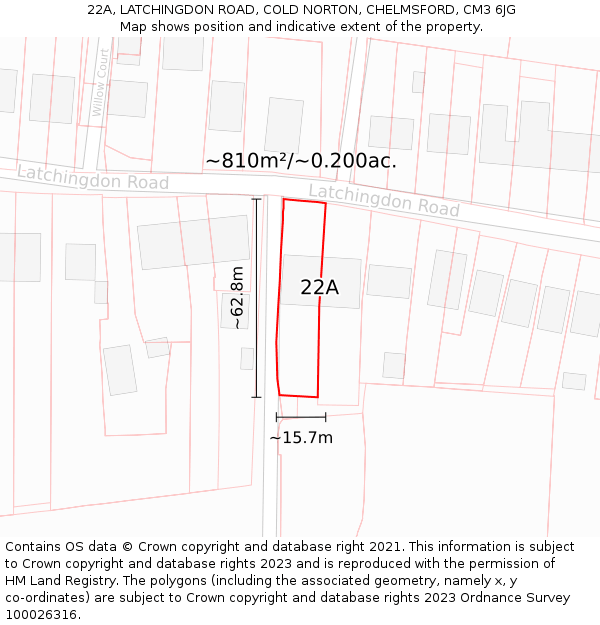 22A, LATCHINGDON ROAD, COLD NORTON, CHELMSFORD, CM3 6JG: Plot and title map