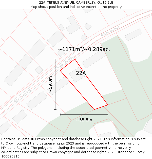 22A, TEKELS AVENUE, CAMBERLEY, GU15 2LB: Plot and title map