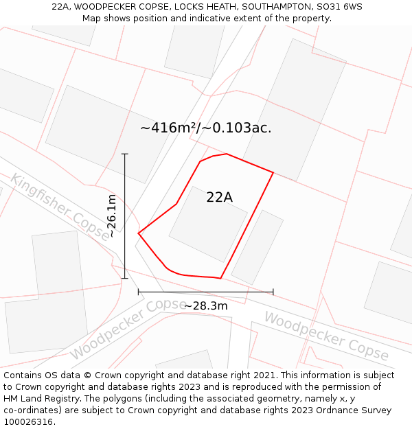 22A, WOODPECKER COPSE, LOCKS HEATH, SOUTHAMPTON, SO31 6WS: Plot and title map