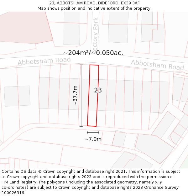 23, ABBOTSHAM ROAD, BIDEFORD, EX39 3AF: Plot and title map