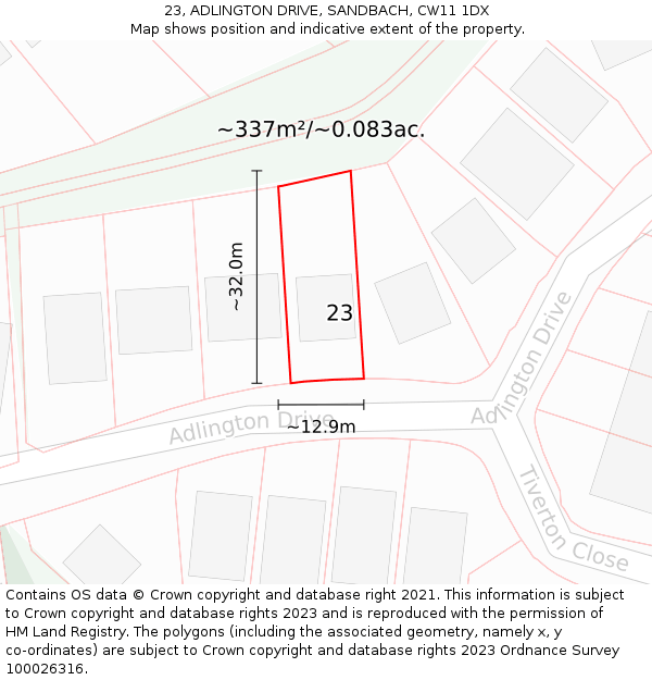 23, ADLINGTON DRIVE, SANDBACH, CW11 1DX: Plot and title map