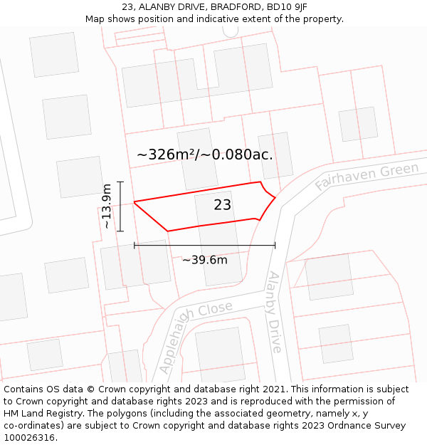 23, ALANBY DRIVE, BRADFORD, BD10 9JF: Plot and title map