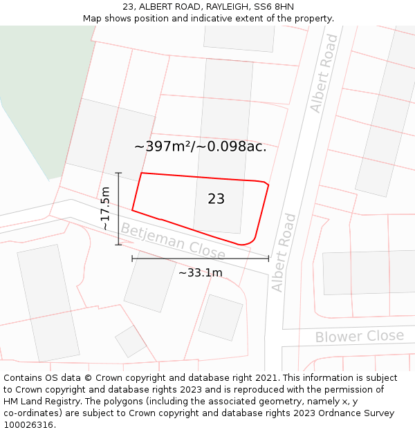 23, ALBERT ROAD, RAYLEIGH, SS6 8HN: Plot and title map