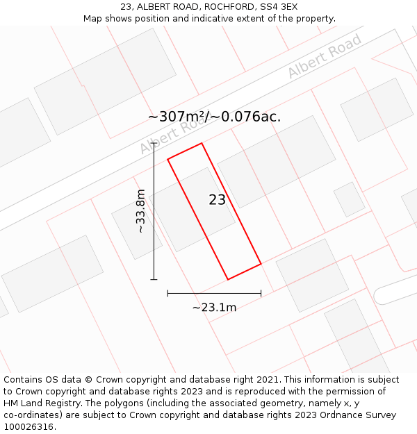 23, ALBERT ROAD, ROCHFORD, SS4 3EX: Plot and title map