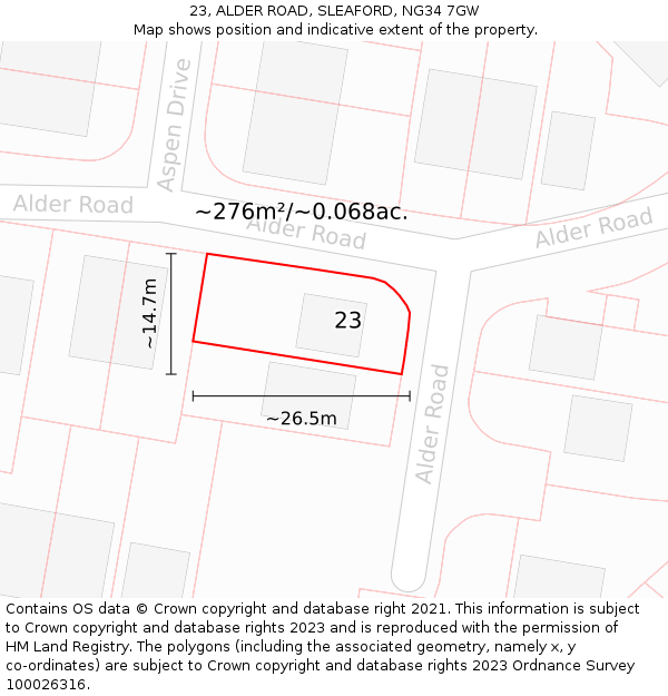 23, ALDER ROAD, SLEAFORD, NG34 7GW: Plot and title map
