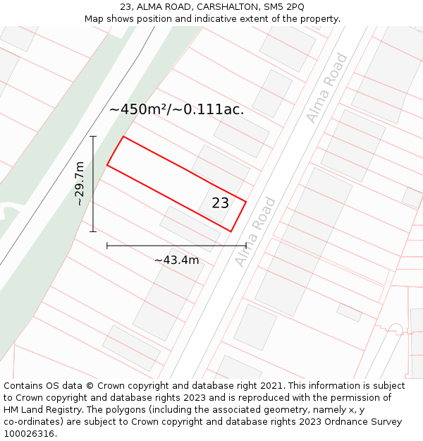 23, ALMA ROAD, CARSHALTON, SM5 2PQ: Plot and title map