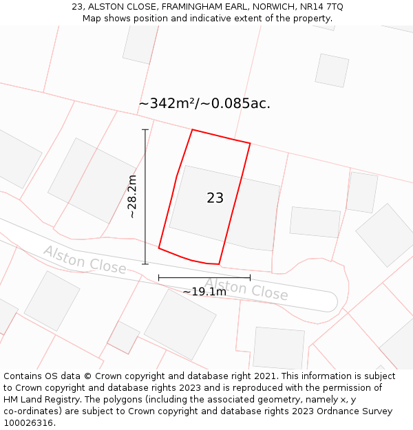 23, ALSTON CLOSE, FRAMINGHAM EARL, NORWICH, NR14 7TQ: Plot and title map