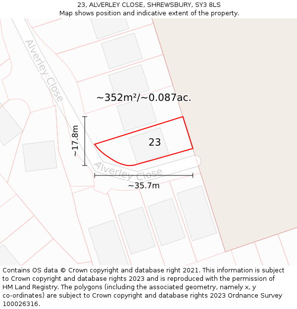 23, ALVERLEY CLOSE, SHREWSBURY, SY3 8LS: Plot and title map