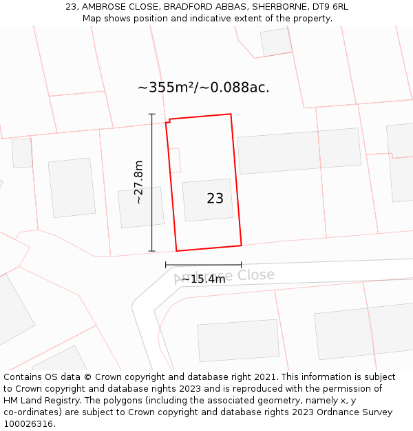 23, AMBROSE CLOSE, BRADFORD ABBAS, SHERBORNE, DT9 6RL: Plot and title map