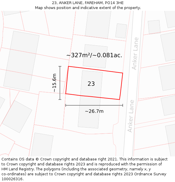 23, ANKER LANE, FAREHAM, PO14 3HE: Plot and title map