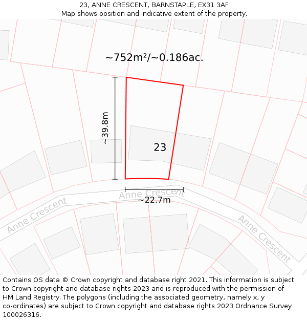 23, ANNE CRESCENT, BARNSTAPLE, EX31 3AF: Plot and title map