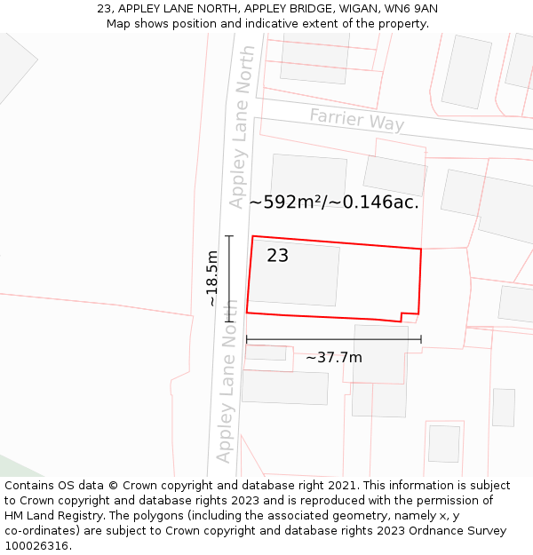 23, APPLEY LANE NORTH, APPLEY BRIDGE, WIGAN, WN6 9AN: Plot and title map