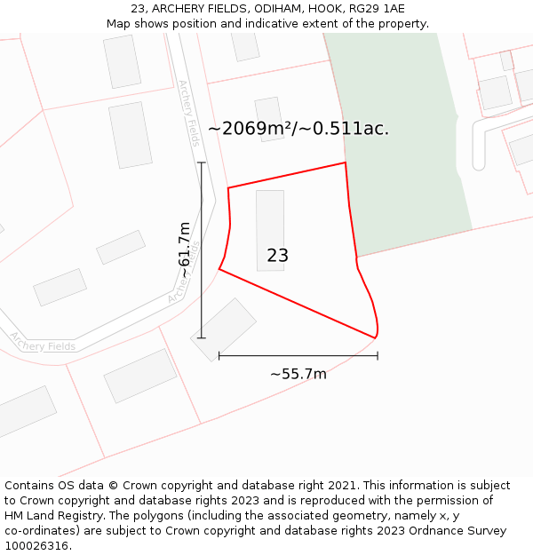 23, ARCHERY FIELDS, ODIHAM, HOOK, RG29 1AE: Plot and title map