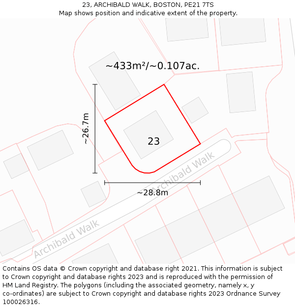 23, ARCHIBALD WALK, BOSTON, PE21 7TS: Plot and title map