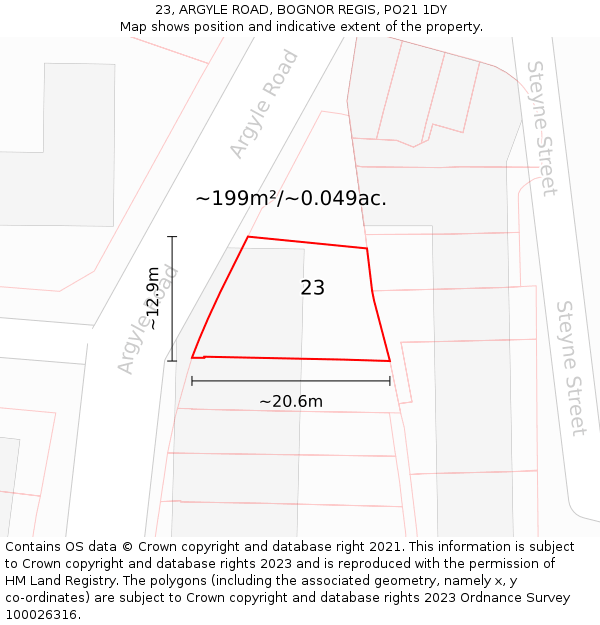 23, ARGYLE ROAD, BOGNOR REGIS, PO21 1DY: Plot and title map