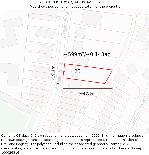 23, ASHLEIGH ROAD, BARNSTAPLE, EX32 8JY: Plot and title map