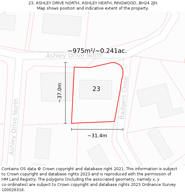 23, ASHLEY DRIVE NORTH, ASHLEY HEATH, RINGWOOD, BH24 2JN: Plot and title map