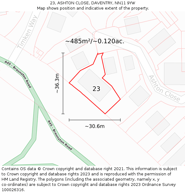 23, ASHTON CLOSE, DAVENTRY, NN11 9YW: Plot and title map