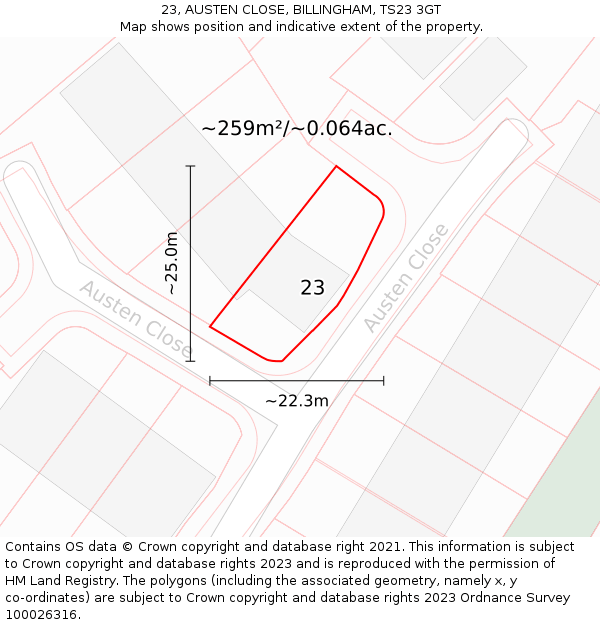 23, AUSTEN CLOSE, BILLINGHAM, TS23 3GT: Plot and title map