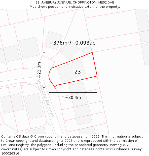 23, AVEBURY AVENUE, CHOPPINGTON, NE62 5HE: Plot and title map