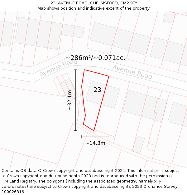 23, AVENUE ROAD, CHELMSFORD, CM2 9TY: Plot and title map