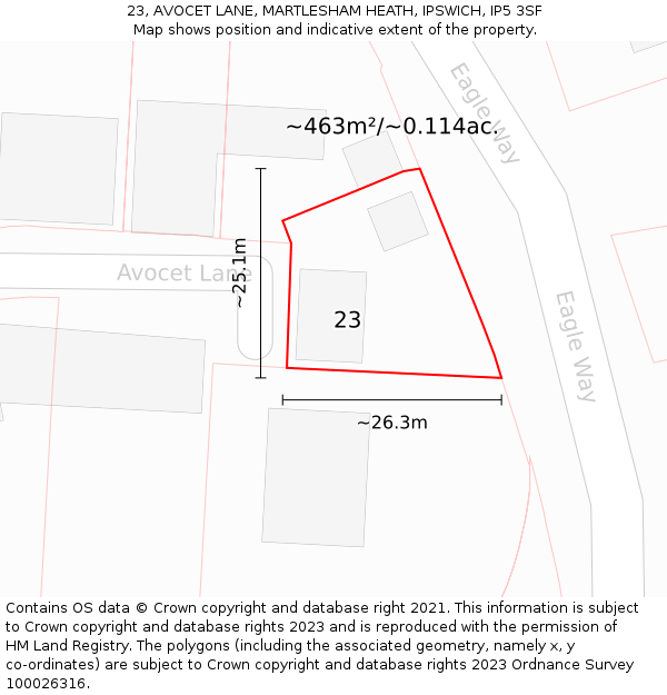 23, AVOCET LANE, MARTLESHAM HEATH, IPSWICH, IP5 3SF: Plot and title map