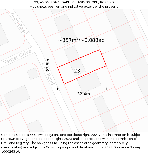 23, AVON ROAD, OAKLEY, BASINGSTOKE, RG23 7DJ: Plot and title map