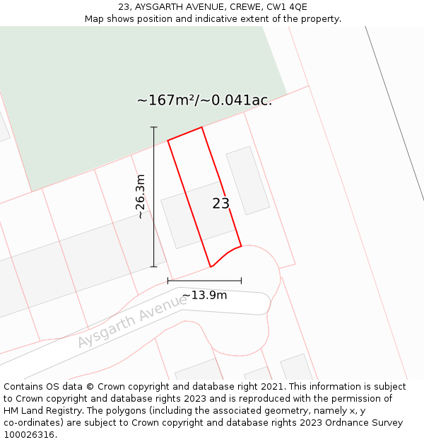 23, AYSGARTH AVENUE, CREWE, CW1 4QE: Plot and title map