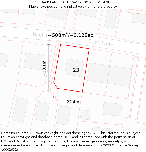 23, BACK LANE, EAST COWICK, GOOLE, DN14 9ET: Plot and title map