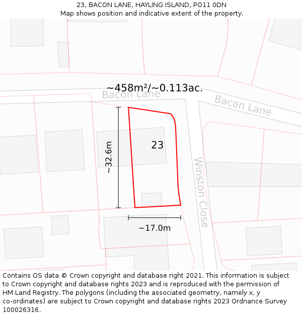 23, BACON LANE, HAYLING ISLAND, PO11 0DN: Plot and title map