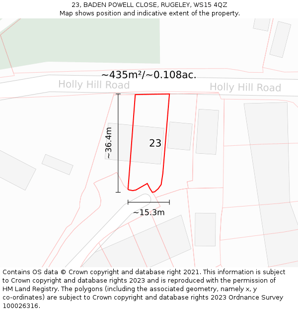 23, BADEN POWELL CLOSE, RUGELEY, WS15 4QZ: Plot and title map