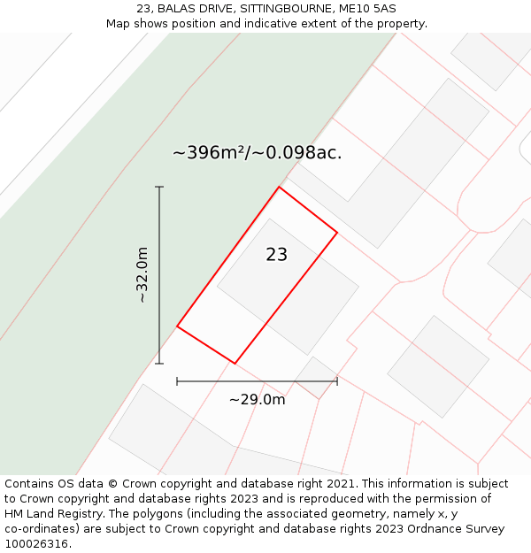 23, BALAS DRIVE, SITTINGBOURNE, ME10 5AS: Plot and title map