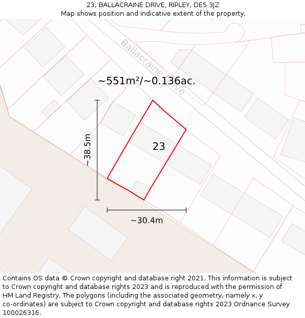 23, BALLACRAINE DRIVE, RIPLEY, DE5 3JZ: Plot and title map