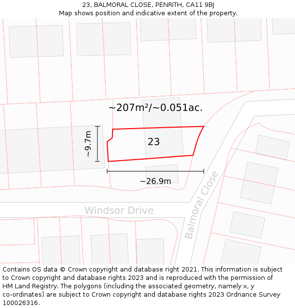 23, BALMORAL CLOSE, PENRITH, CA11 9BJ: Plot and title map