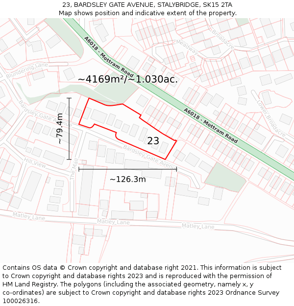 23, BARDSLEY GATE AVENUE, STALYBRIDGE, SK15 2TA: Plot and title map