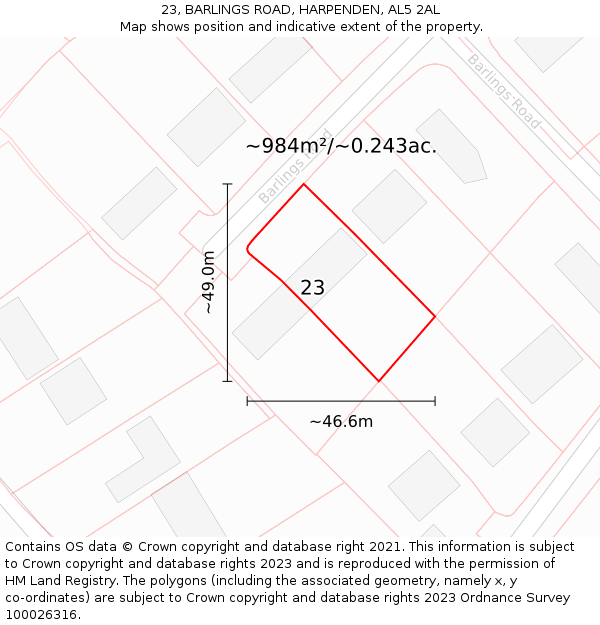 23, BARLINGS ROAD, HARPENDEN, AL5 2AL: Plot and title map