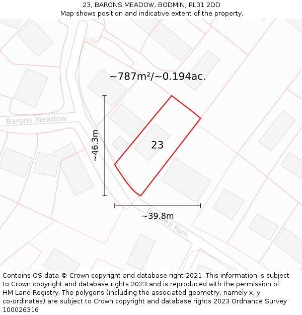 23, BARONS MEADOW, BODMIN, PL31 2DD: Plot and title map