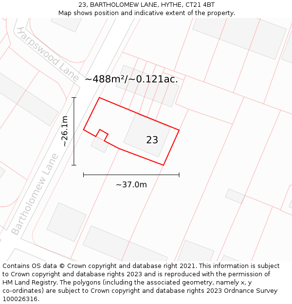 23, BARTHOLOMEW LANE, HYTHE, CT21 4BT: Plot and title map