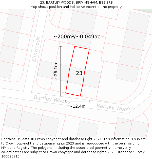 23, BARTLEY WOODS, BIRMINGHAM, B32 3RB: Plot and title map