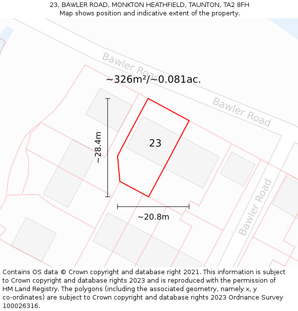 23, BAWLER ROAD, MONKTON HEATHFIELD, TAUNTON, TA2 8FH: Plot and title map
