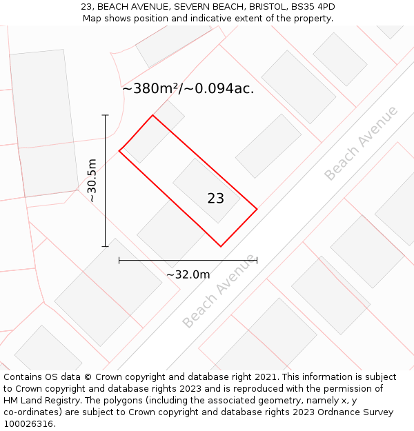 23, BEACH AVENUE, SEVERN BEACH, BRISTOL, BS35 4PD: Plot and title map