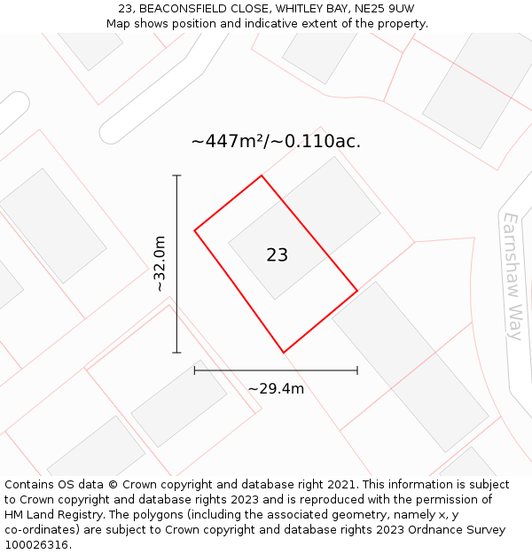 23, BEACONSFIELD CLOSE, WHITLEY BAY, NE25 9UW: Plot and title map