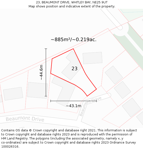 23, BEAUMONT DRIVE, WHITLEY BAY, NE25 9UT: Plot and title map