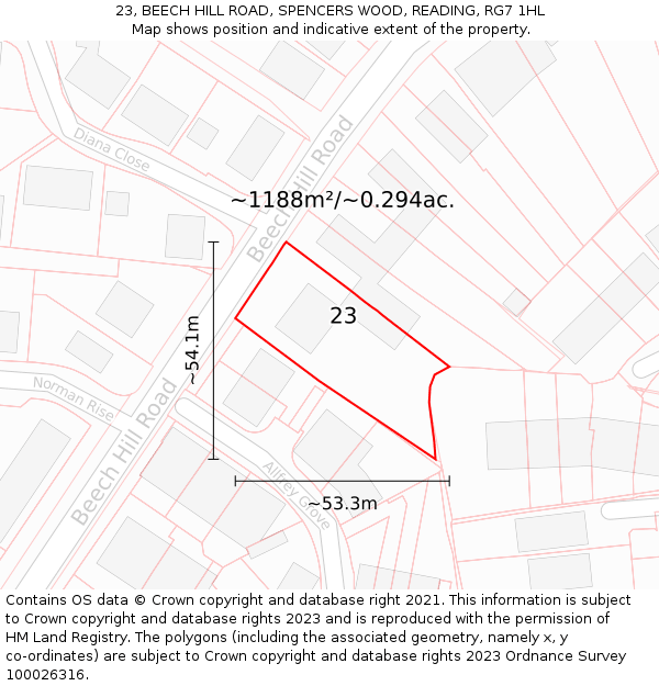 23, BEECH HILL ROAD, SPENCERS WOOD, READING, RG7 1HL: Plot and title map